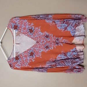 Free People Orange Red and Blue Flower Patterned Full Button Blouse M *Flaw